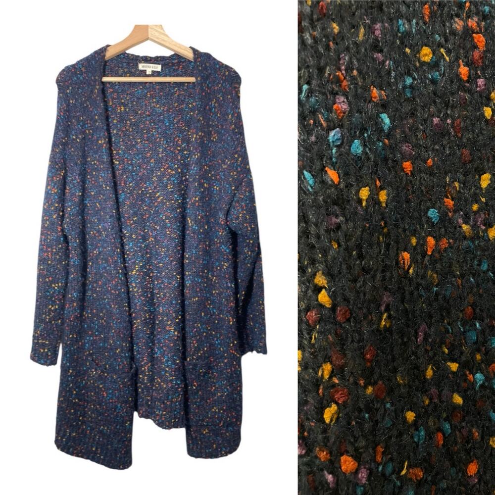 Margeaux & Elle Long Tunic Cardigan Open Navy Blue Speckled Knit Size 1X  XL